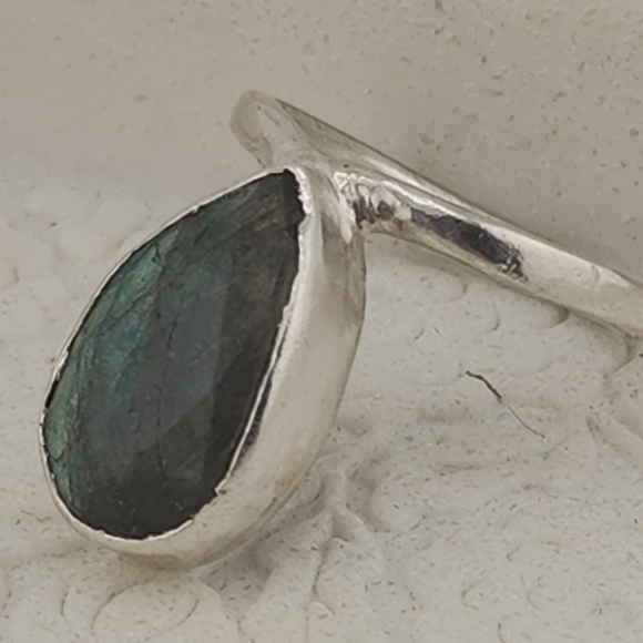 LABRADORITE TEAR DROP STONE ROSE-CUT HANDMADE STERLING SILVER RING SIZE 9 - Picture 10 of 16